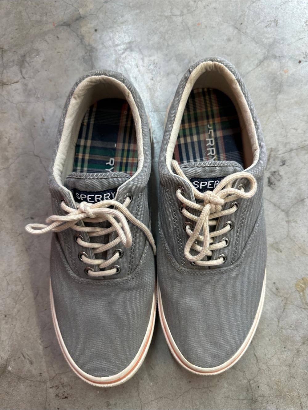 Sperry Men’s Gray Canvas Boat Shoes with Cream Laces